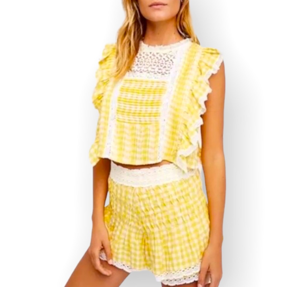 New Free People The Tessa Set 4 / Sm Yellow Gingham Crochet Lace 2 Pc Shorts Top